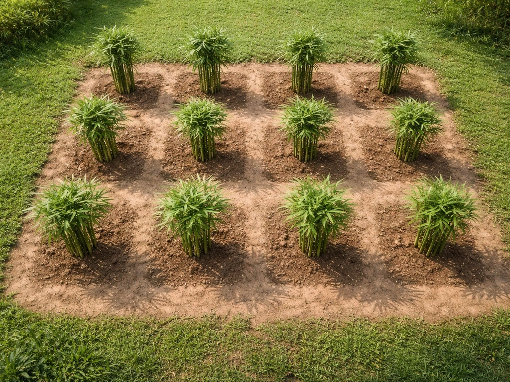 Top-down view of a neatly spaced bamboo grove on an island with clear gaps between bamboo plants.
