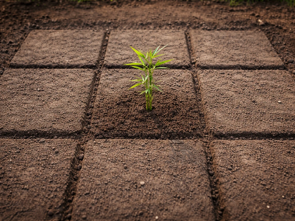 Top-down view of a single bamboo stalk growing from one tile with surrounding eight tiles left empty.