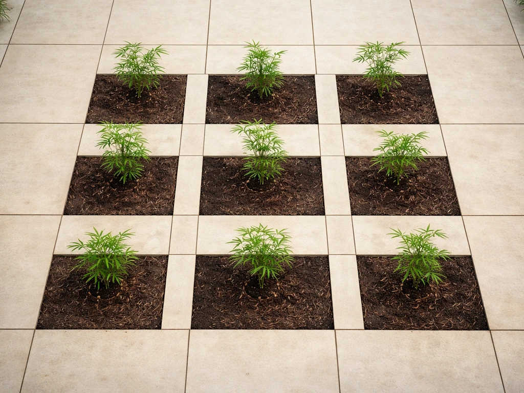 Top-down view of a simple tiled grid showing bamboo plants spaced two tiles apart.