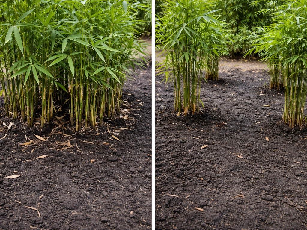Two bamboo clumps on a simple island garden path, one spaced too close, the other with clear surrounding tiles.