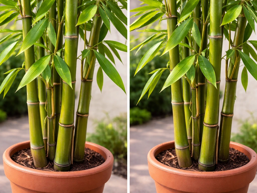 Close-up of a bamboo plant in bright daylight with one side looking dry and the other slightly moisture-stressed.