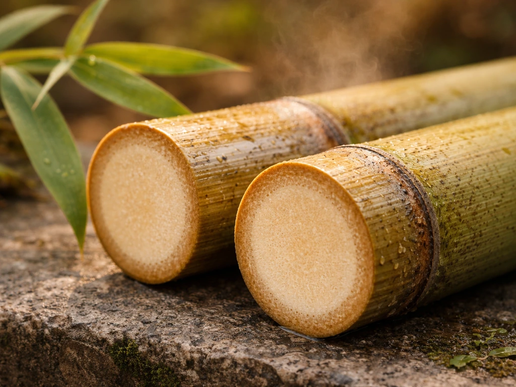 Close-up of bamboo canes with subtle wet sheen, residue specks, warm haze, and darker areas suggesting mold needs.