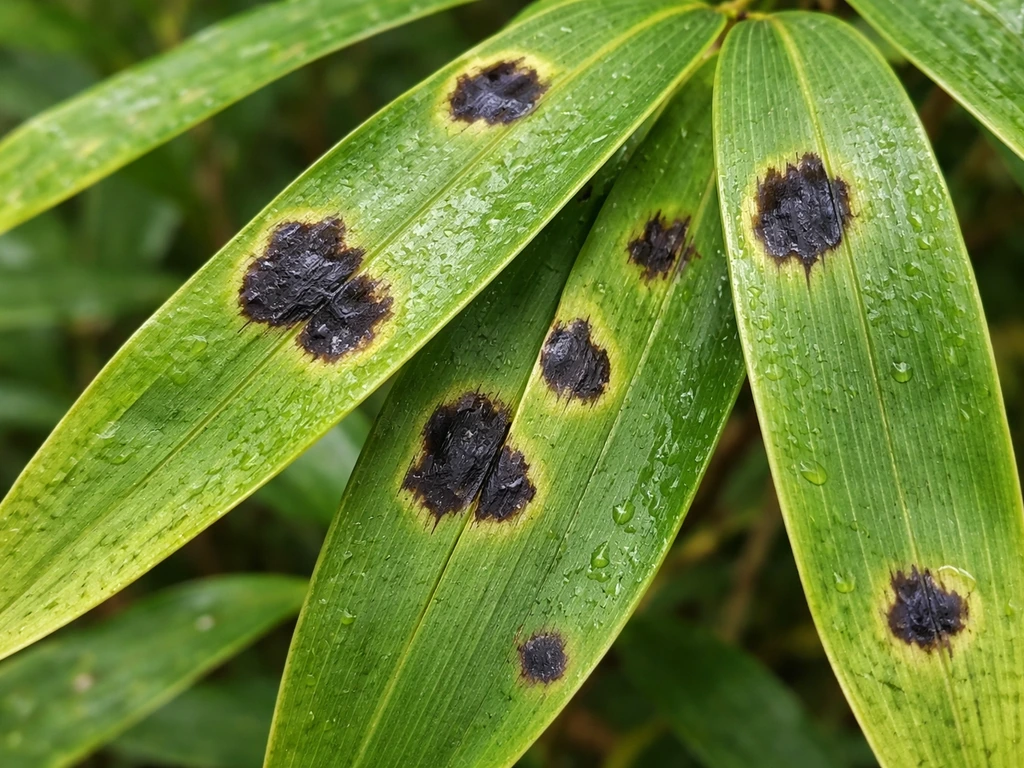 Macro view of bamboo leaves with distinct dark black necrotic spots.