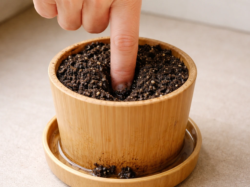 Hand presses finger 2 inches into damp soil in a small bamboo pot with blocked drainage signs