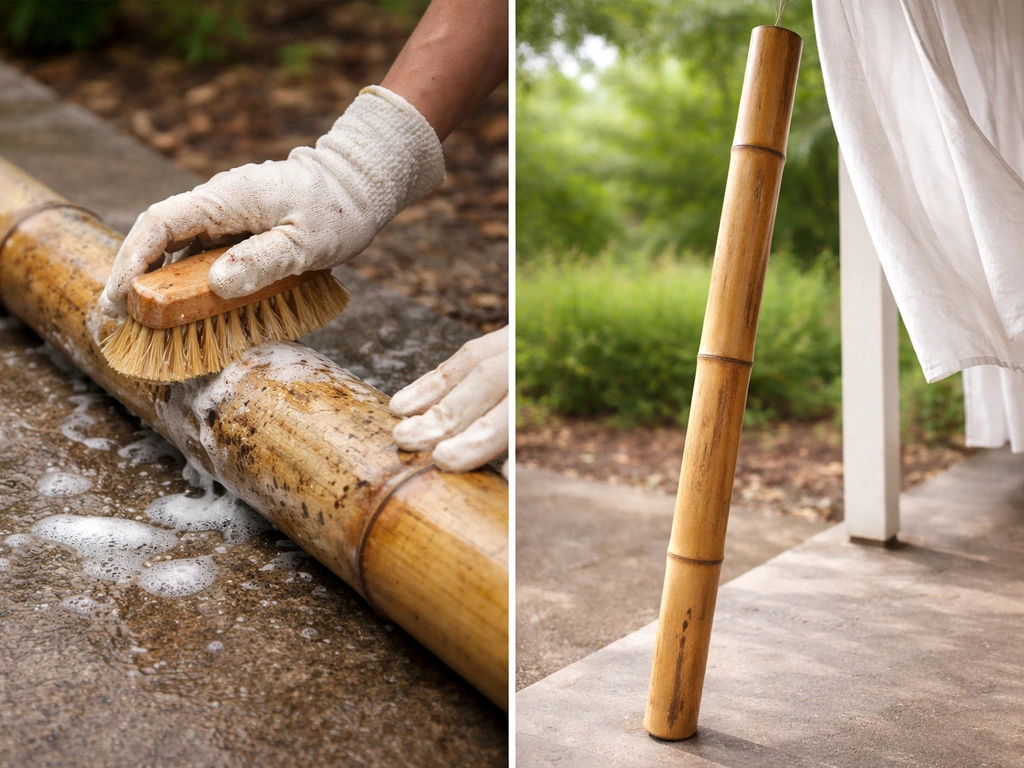 Hand scrubbing a damp bamboo pole with a stiff brush, then drying it in open airy light.
