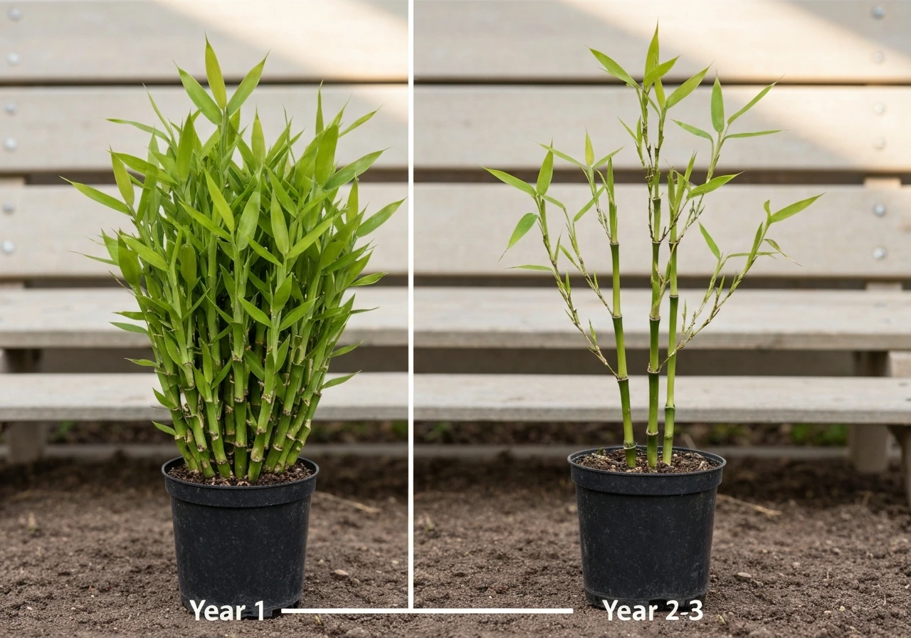 Minimal side-by-side photo showing two bamboo plants at different growth stages in a simple garden setting.