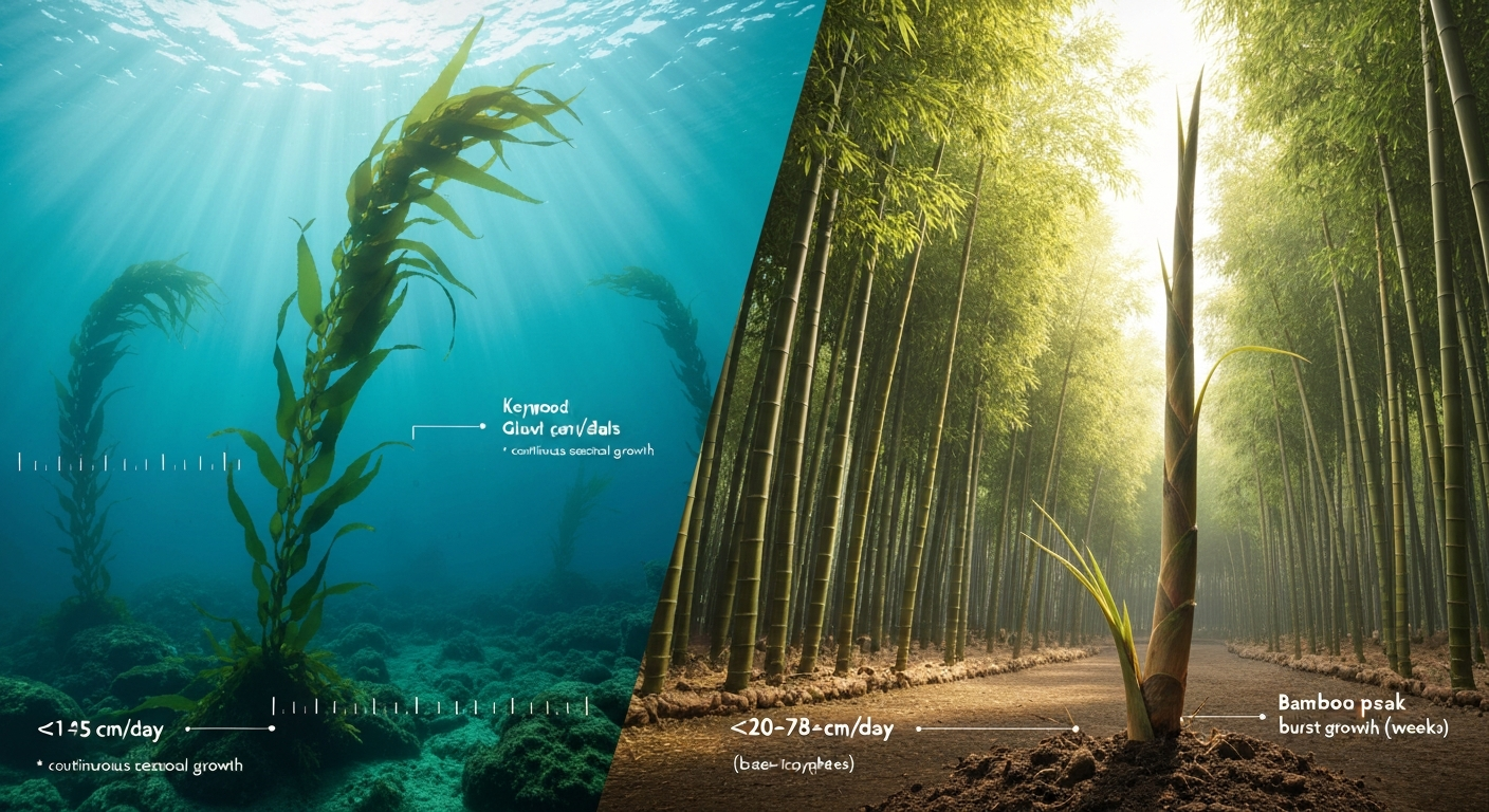 Split-scene photorealistic image: left underwater giant kelp forest with subtle scale ticks indicating continuous daily elongation (~1–35 cm/day); right sunlit bamboo grove with an emerging shoot and scale ticks indicating peak shooting rates (~20–78 cm/day).
