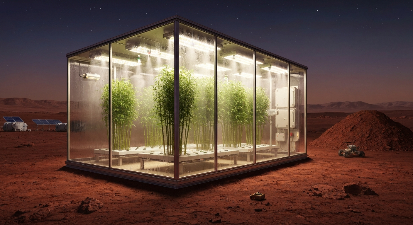 A photorealistic greenhouse on Mars: healthy bamboo growing in hydroponic beds under LED lights inside a sealed transparent module, with the red Martian landscape, regolith berm, and habitat modules visible outside.