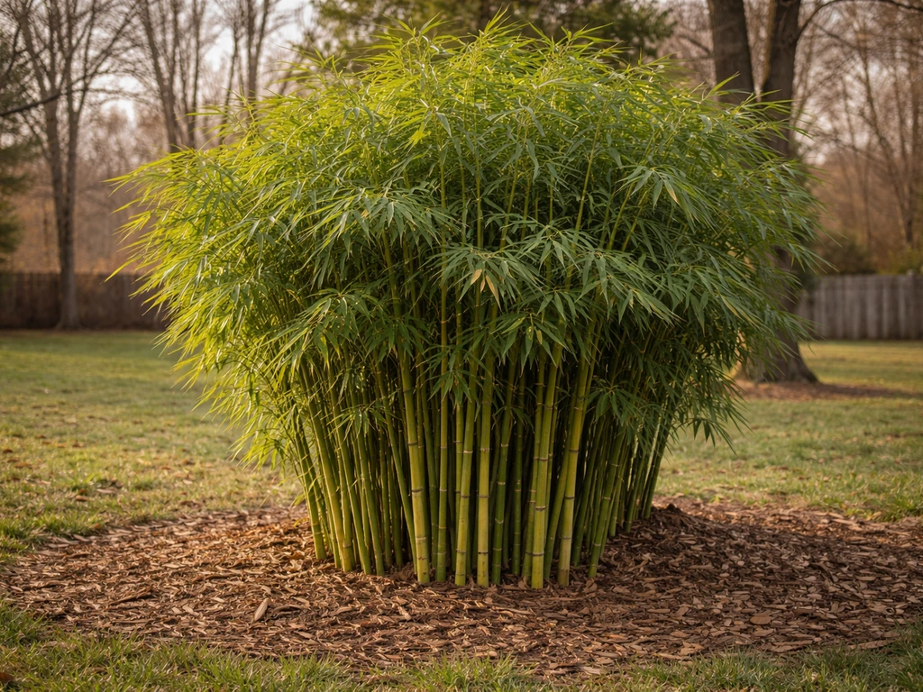 Hardy winter-green bamboo clump thriving in a Kentucky backyard with a simple seasonal landscape background.