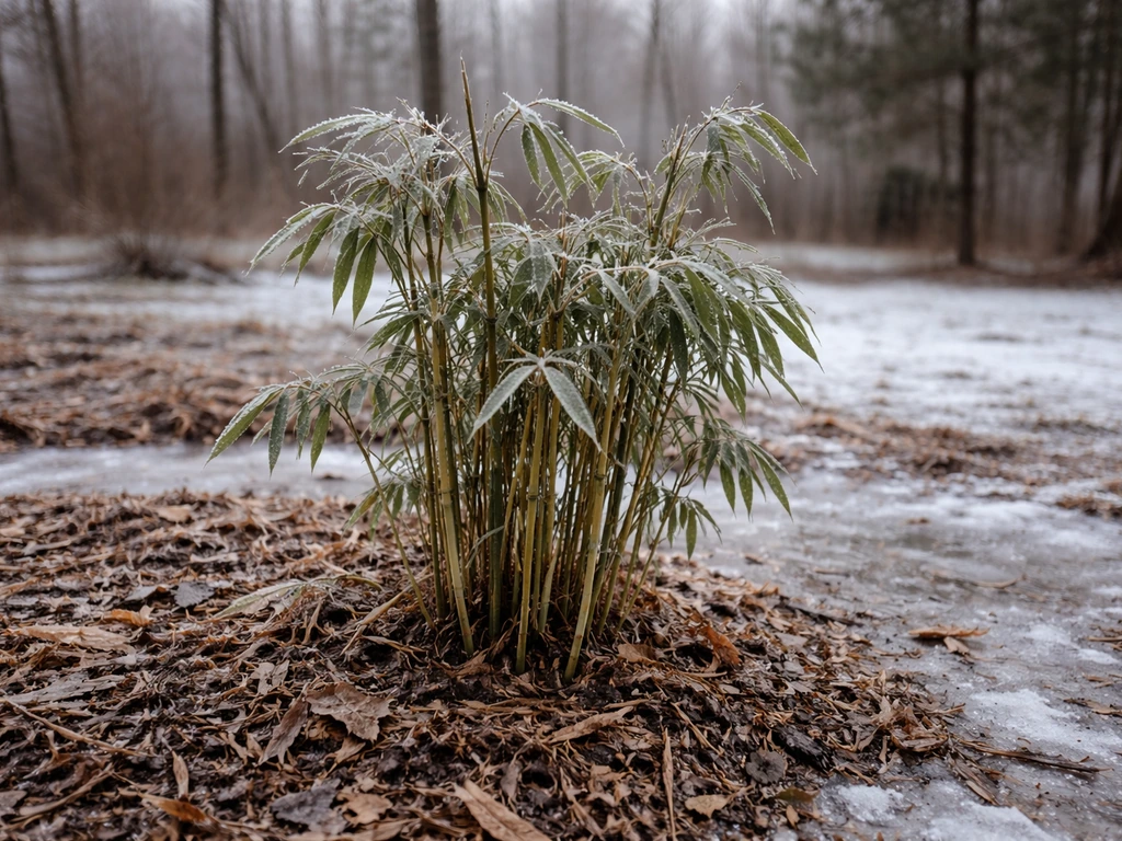 Bare winter garden mulch with small bamboo canes covered in frost during an icy Kentucky-style cold snap.