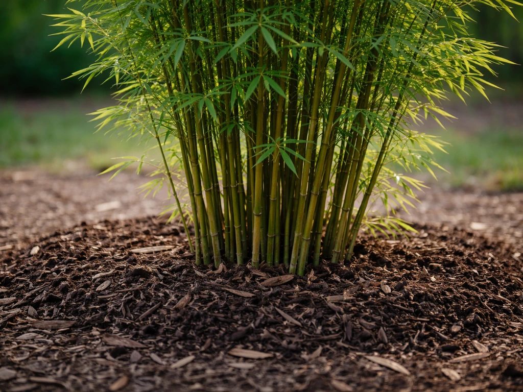 Close-up of cold-hardy clumping bamboo with mulched base in a Kentucky garden bed.