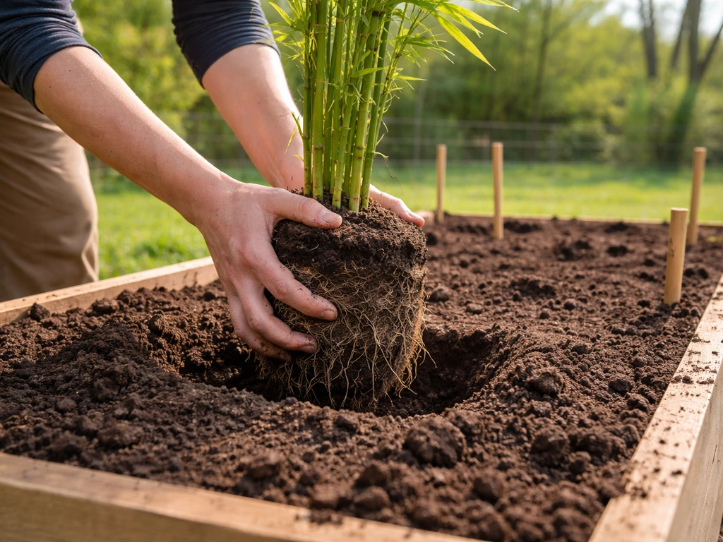 Gardener placing a bamboo root ball into a prepared bed in Kentucky spring after frost.