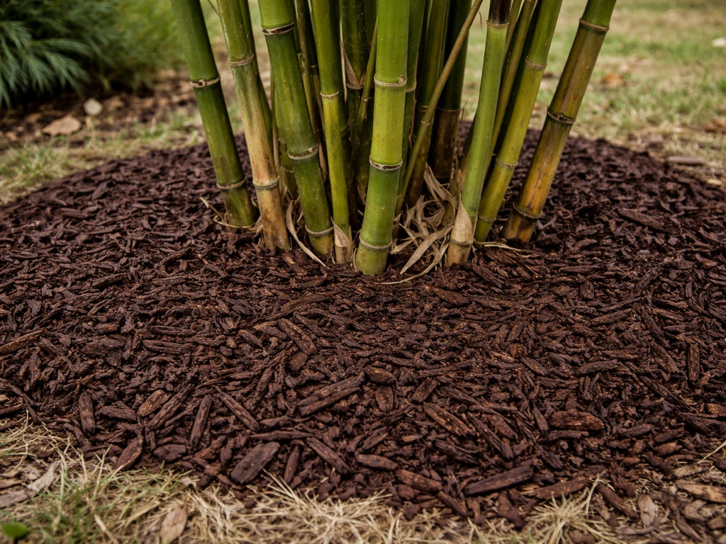 Mulch layered 3–4 inches over the base of a bamboo plant in a Kentucky backyard before a hard freeze.