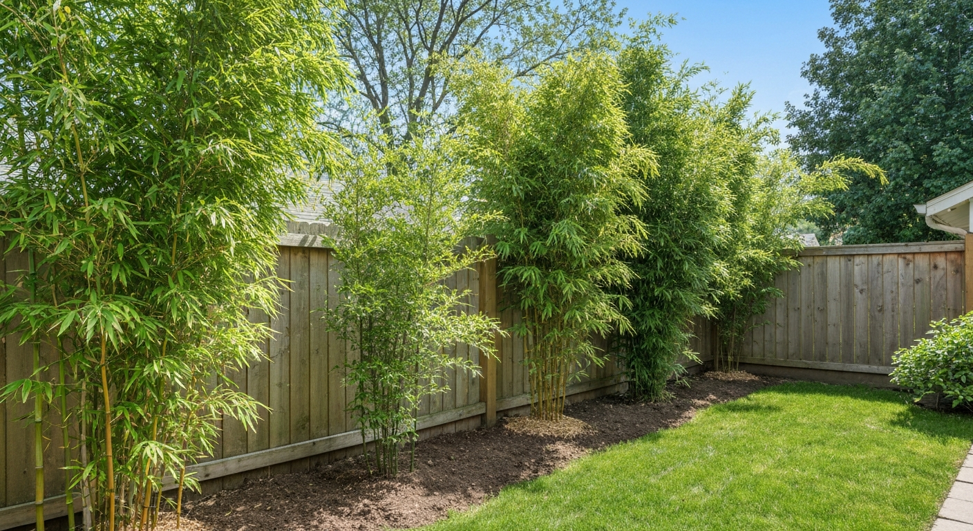 Backyard bamboo planting with mixed clumping and running species forming a green privacy screen.