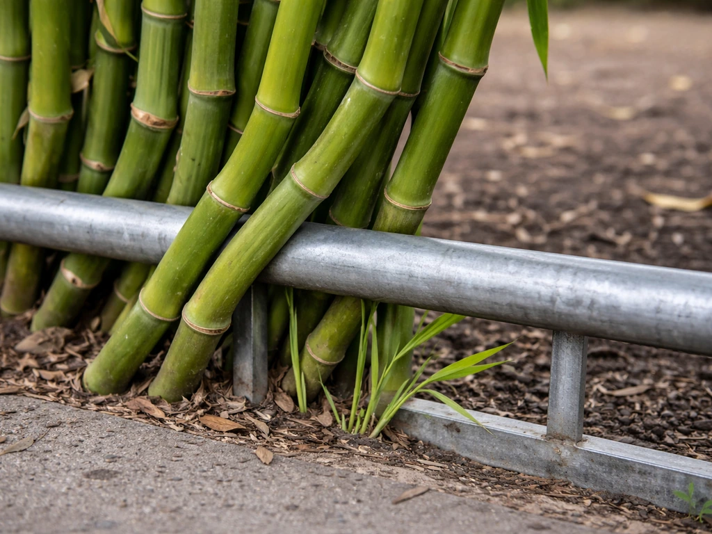 Running bamboo shoots pressing against a metal fence with visible damage risk.