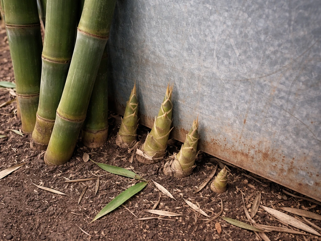 Bamboo culms and exposed rhizome pushing against a corroded metal panel, minimal realistic scene