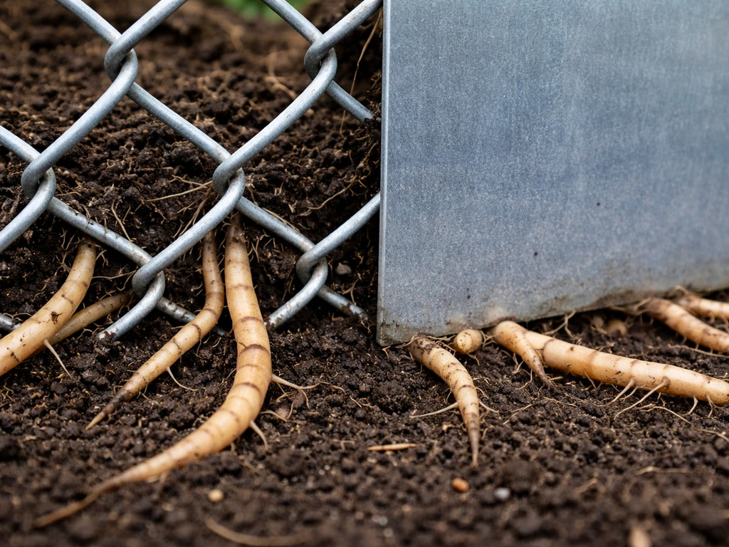 Closeup of bamboo rhizomes pushing through a chain-link fence and adjacent solid metal barrier