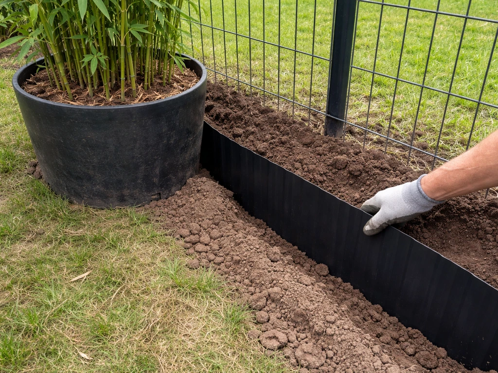 Garden worker installing a rhizome barrier trench beside metal fencing, with a separated bamboo planter