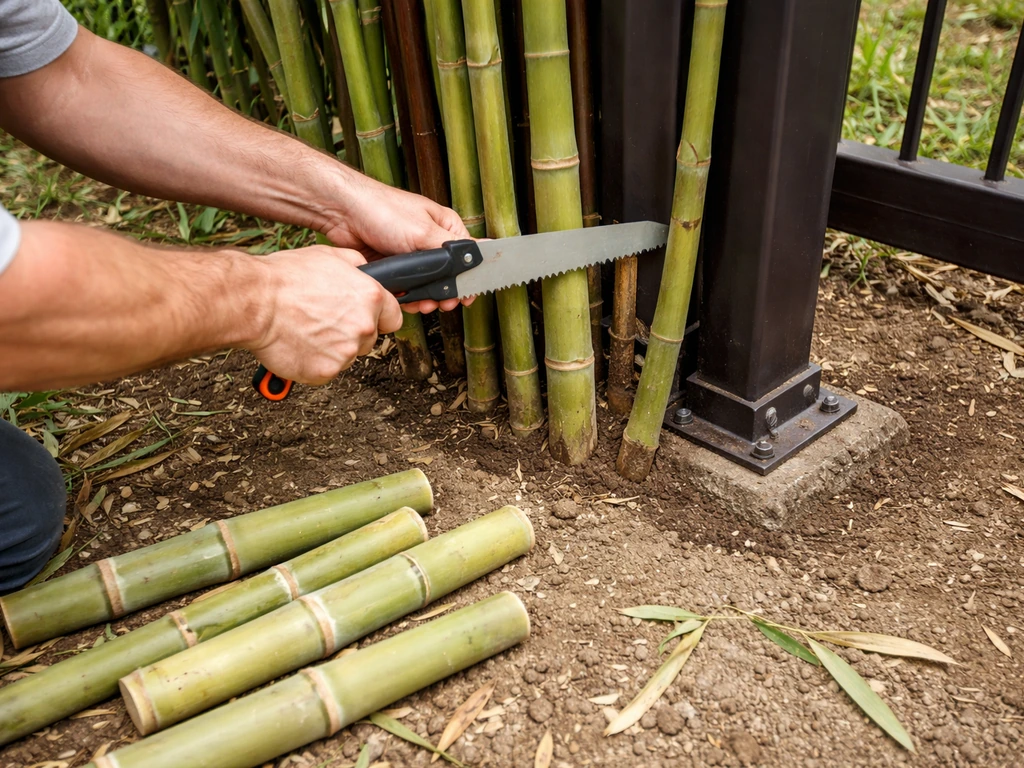 Anonymous hands cutting bamboo culms at ground level beside a metal fence post; tools and repaired ground visible.