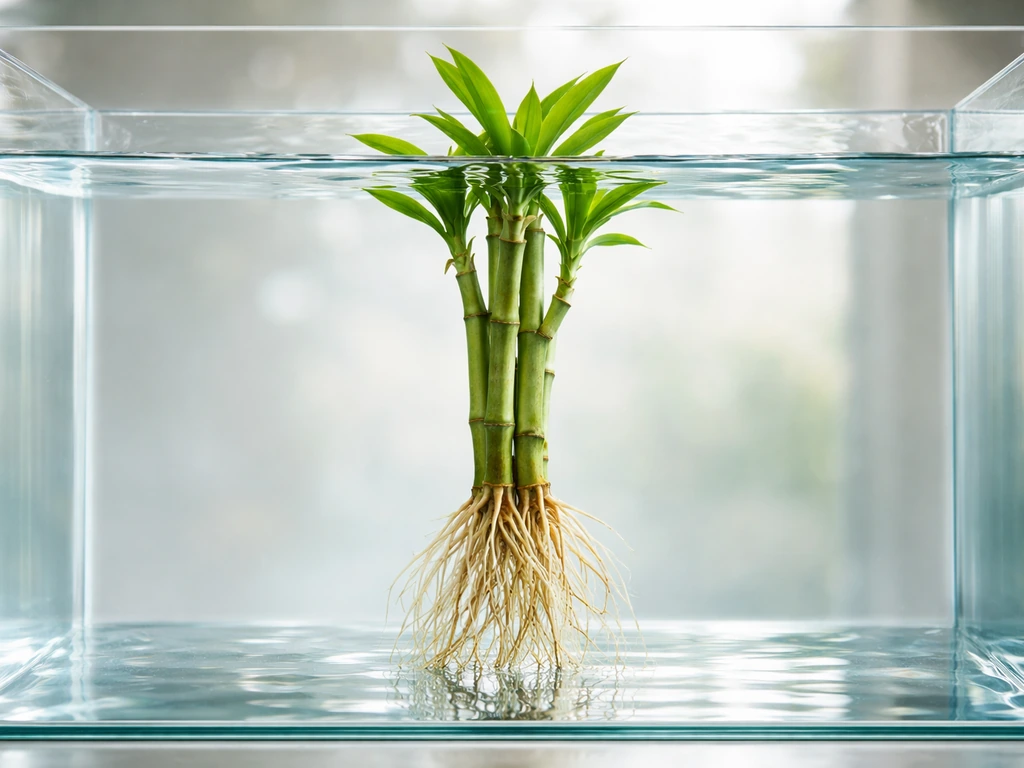 Lucky bamboo stems with roots submerged in a clear glass aquarium, stalks rising above the waterline.