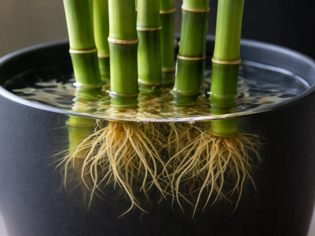 Close-up of lucky-bamboo in a container showing waterline, submerged roots, and stalks above water
