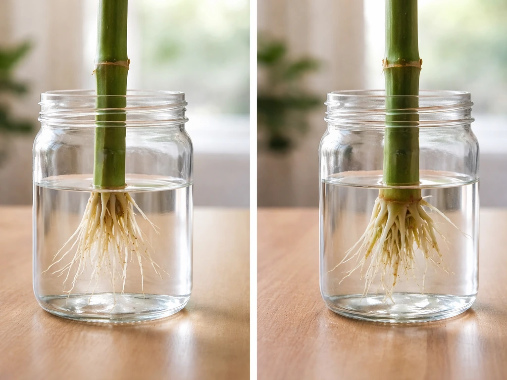 Split view of a plant cutting: correct low water submerging roots only vs incorrect water touching stalk.