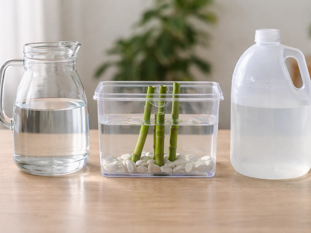Filtered/distilled water jug and untreated tap water jug beside a small container for lucky bamboo.