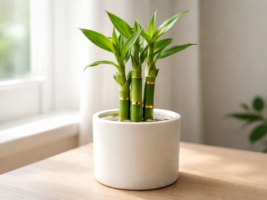 Lucky bamboo in an opaque container near a window with bright indirect light and visible light direction.