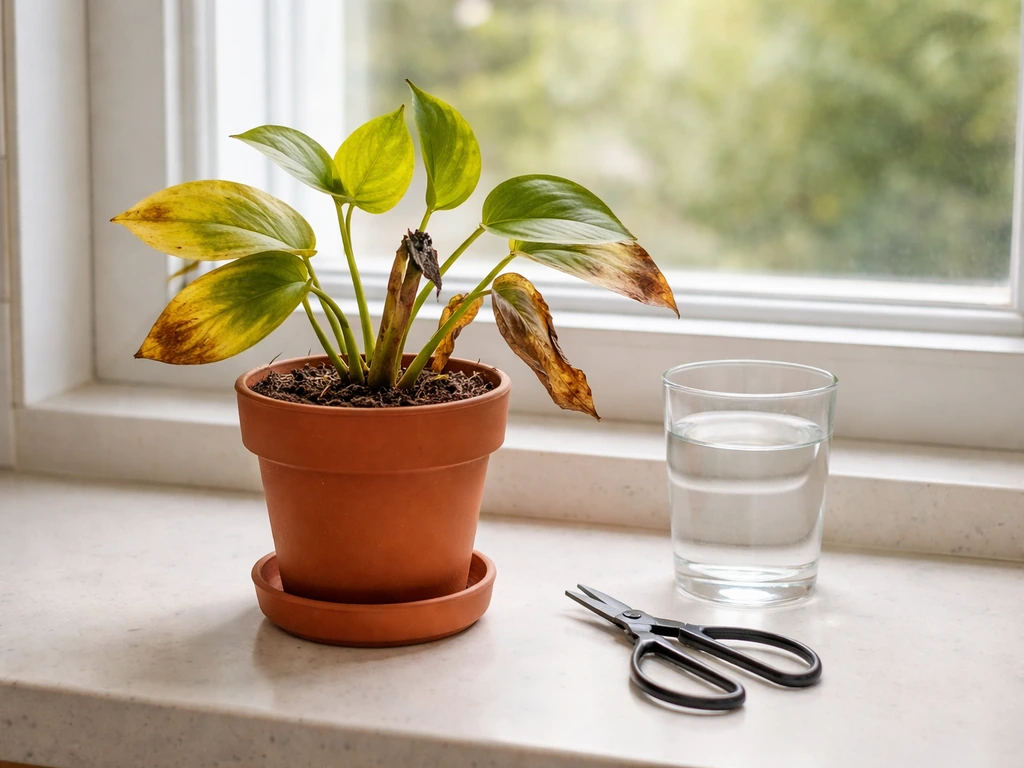 Potted plant with three clearly different leaf conditions and separate water-replacement and rot-removal actions