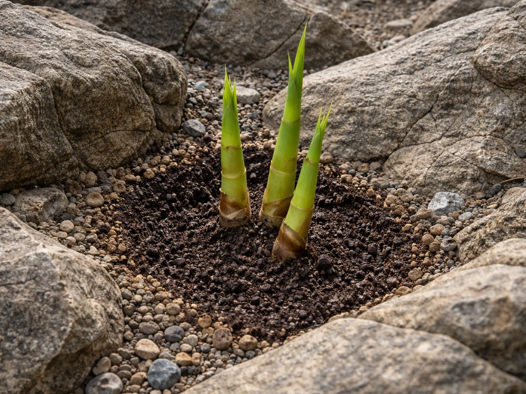 Bamboo shoots emerging from a rocky hillside into a soil-amended planting pocket with good drainage.