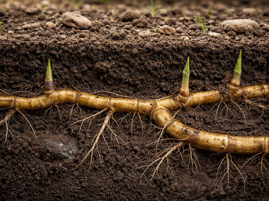 Cross-section of bamboo rhizomes spreading under shallow rocky soil with roots reaching moist earth