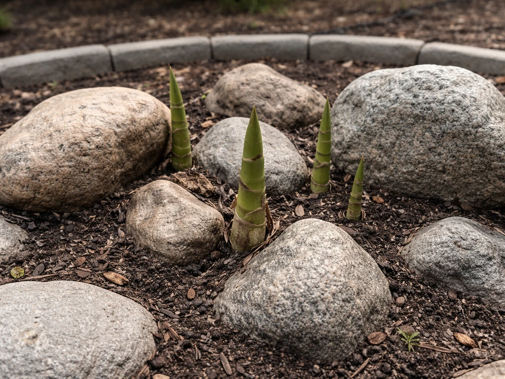 Rock garden bed with stones on real soil and small bamboo shoots emerging between rocks.