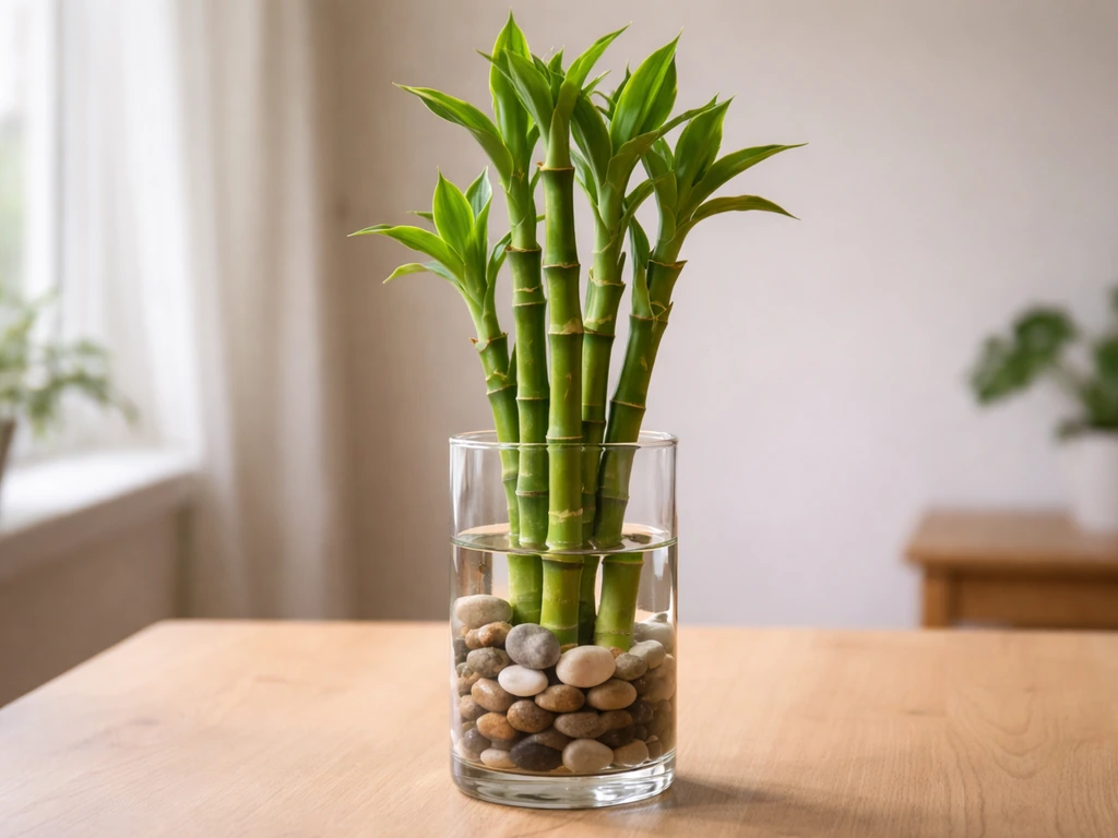 Lucky bamboo in a clear glass vase with smooth pebbles and visible water indoors.
