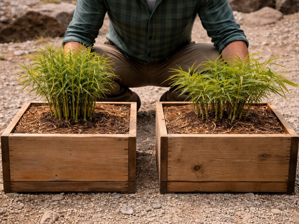 Two planters on rocky ground showing clumping bamboo staying compact versus running bamboo spreading outward.