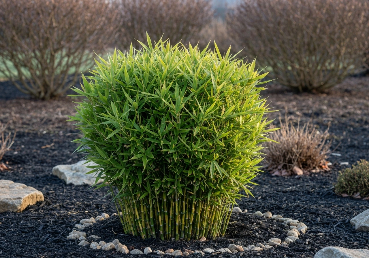 Closeup of a tidy clump of cold-hardy clumping bamboo in a garden bed in natural light