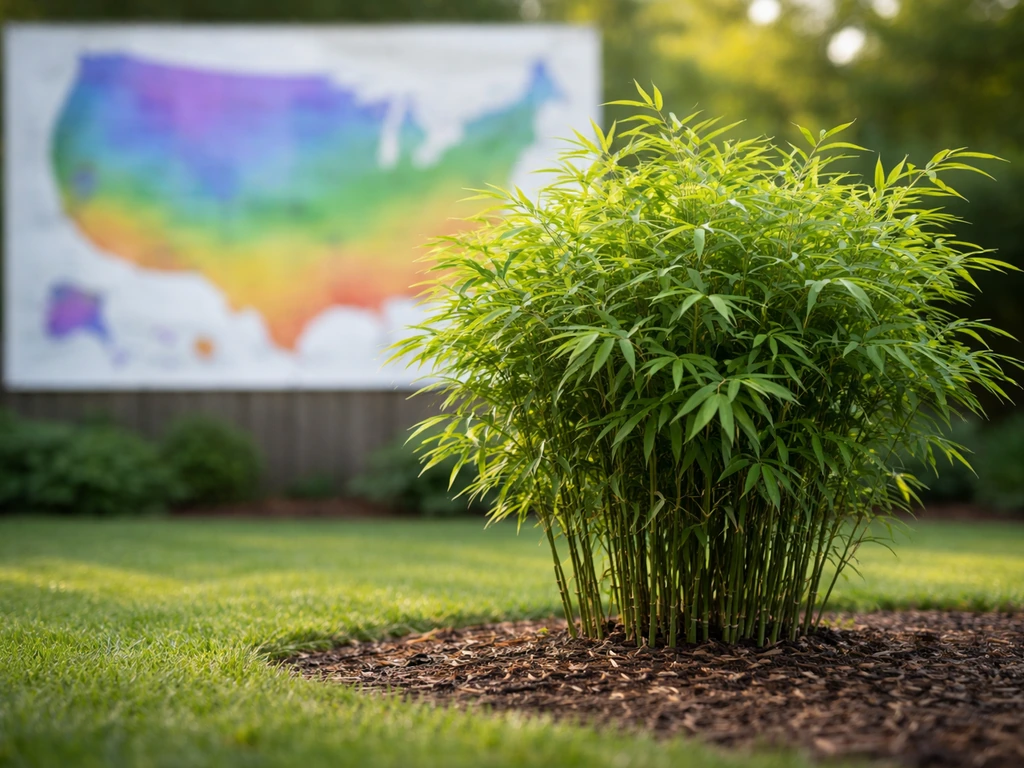 Sunlit garden bamboo in an outdoor setting with a softly blurred hardiness-zone map backdrop