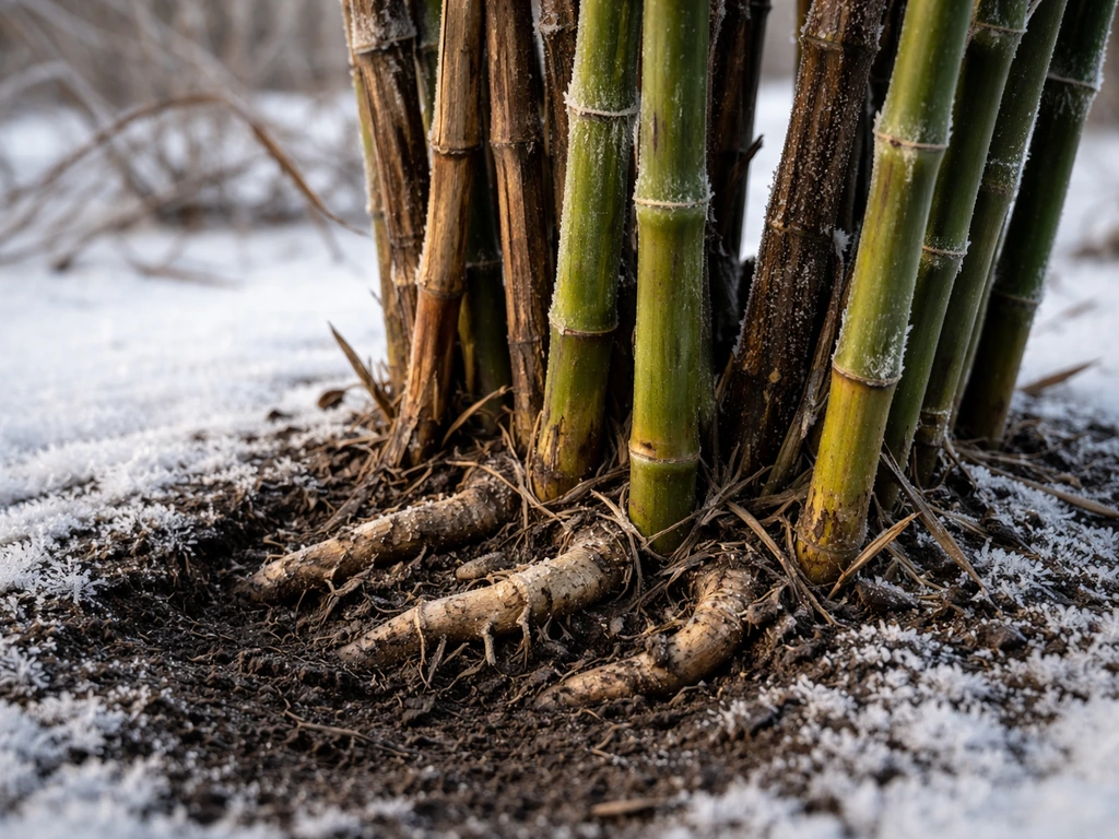Winter bamboo canes with frost, some dieback and exposed root-zone soil with rhizome visible.