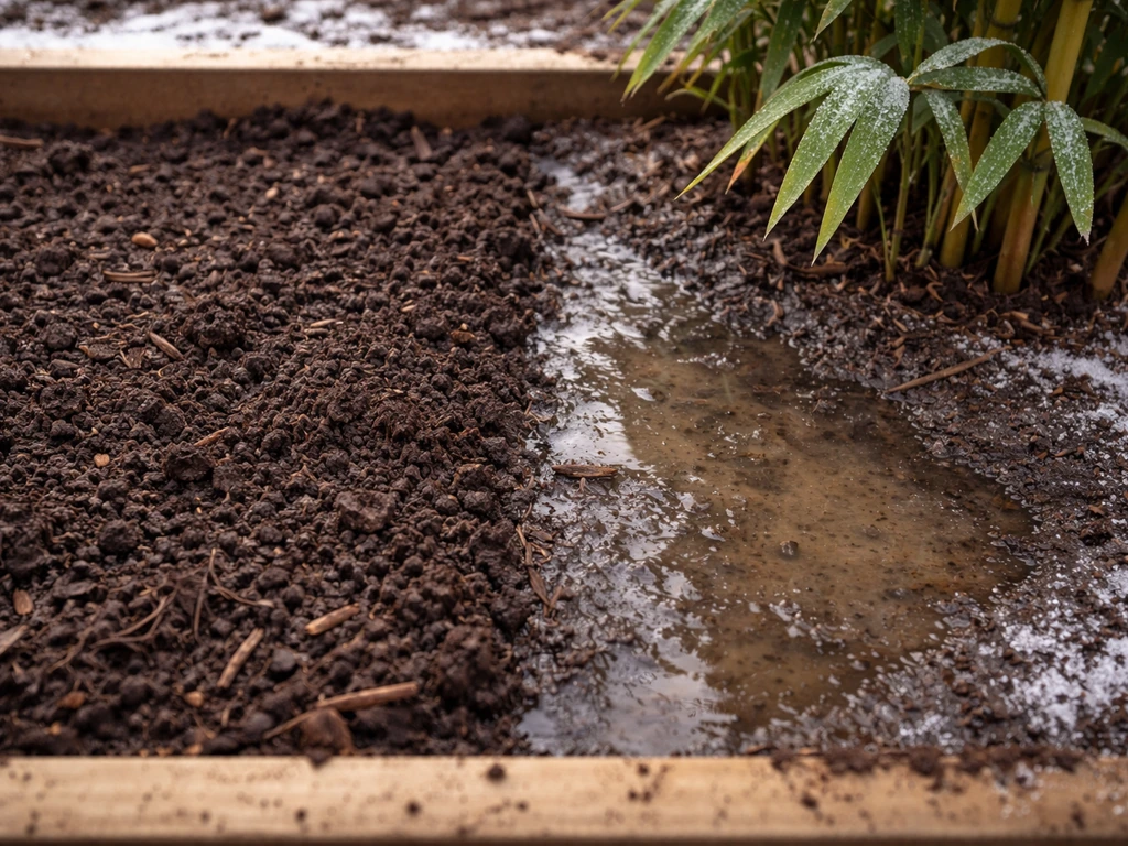 Winter garden bed split view: well-drained soil vs waterlogged, pooling mud around bamboo