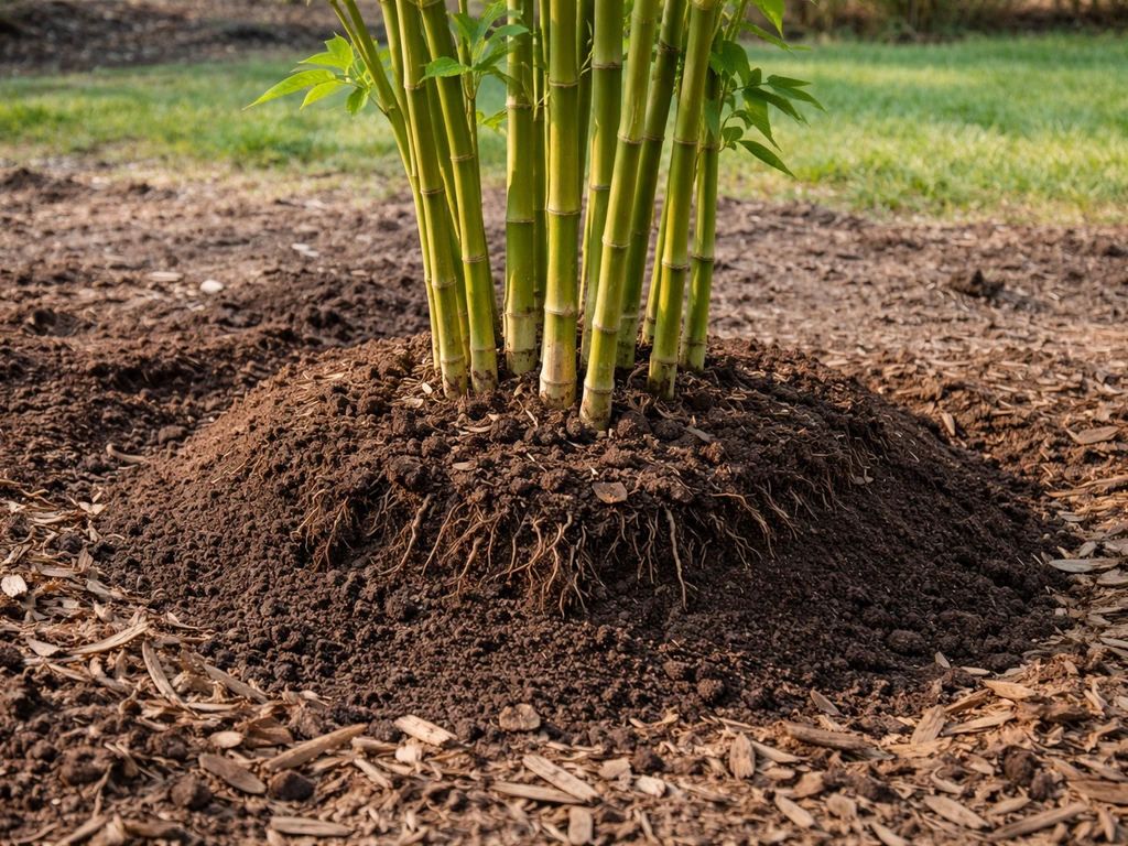 Fresh bamboo clump planted in spring soil with mulch around the base for moisture and survival.