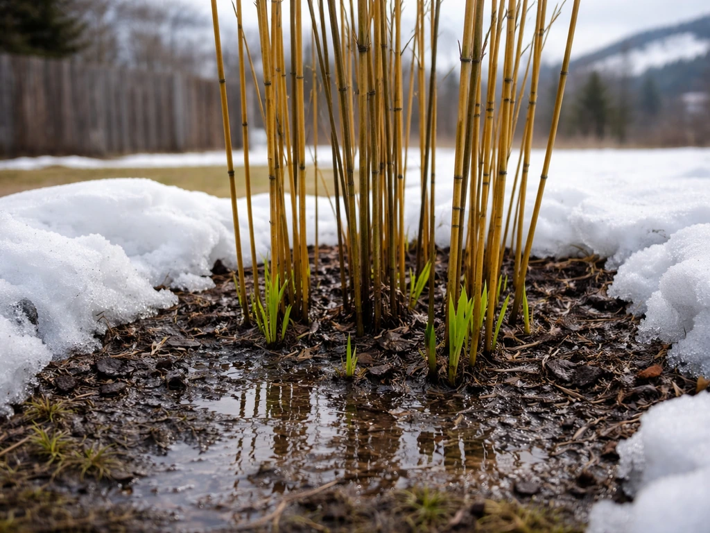 Cold-hardy bamboo in a snowy early-spring Montana yard with thawing ground and fresh green shoots