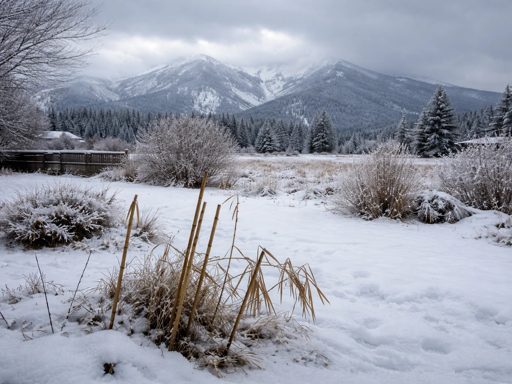 Snowy Montana yard with hardy bamboo canes barely surviving under harsh winter conditions