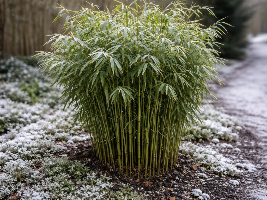 Close-up of a compact clumping bamboo with frosty tips in a cold winter garden.