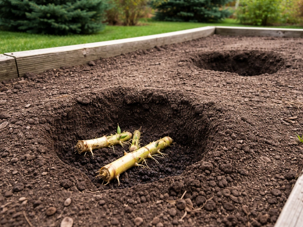 Empty garden bed with a dug planting hole and bamboo rhizome placement in loose soil.