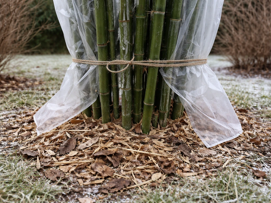 Mulched bamboo stalks at a Montana home base wrapped with wind protection before deep winter