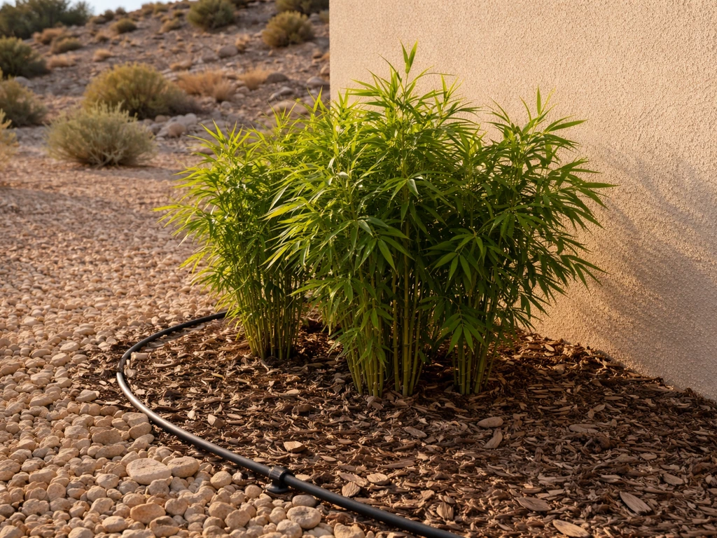 Small clumping bamboo thriving beside a stucco wall in a mulched New Mexico desert yard