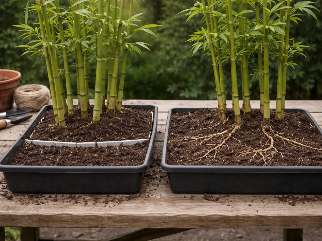 Two trays of clumping vs running bamboo plants, roots contained for clumping and spreading tendency for running.