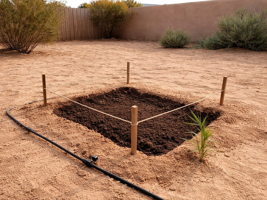 Prepared planting hole with amended soil and stakes marking a wind-protected bamboo microclimate spot