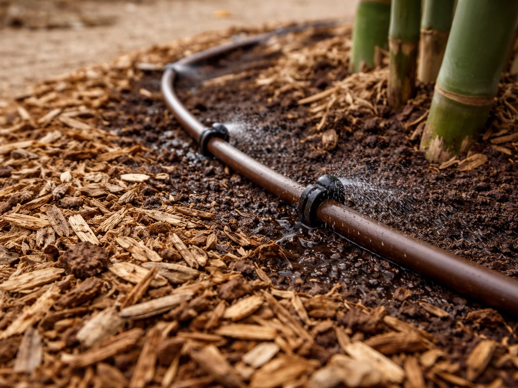 Drip irrigation emitters watering bamboo root zone in dry New Mexico soil with mulch around the lines.