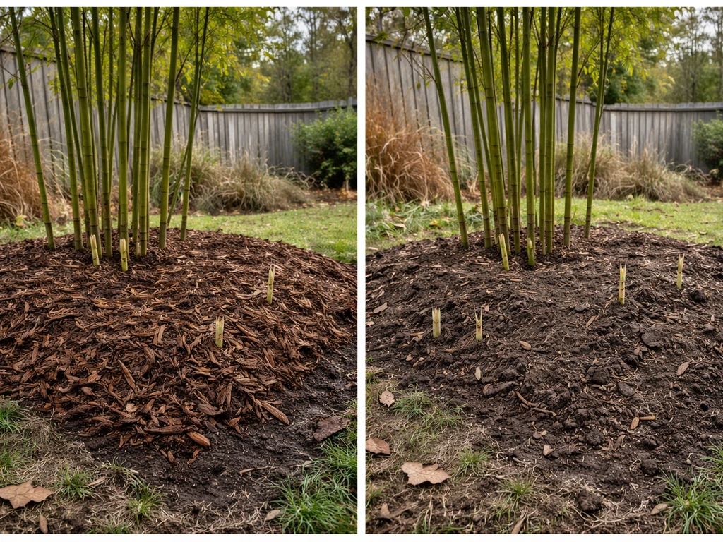 Two neighboring bamboo beds showing extra mulch insulation versus exposed soil in early winter.