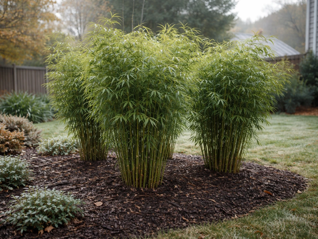 Clumping bamboo in a Maryland backyard with seasonal plants and cold-weather feel